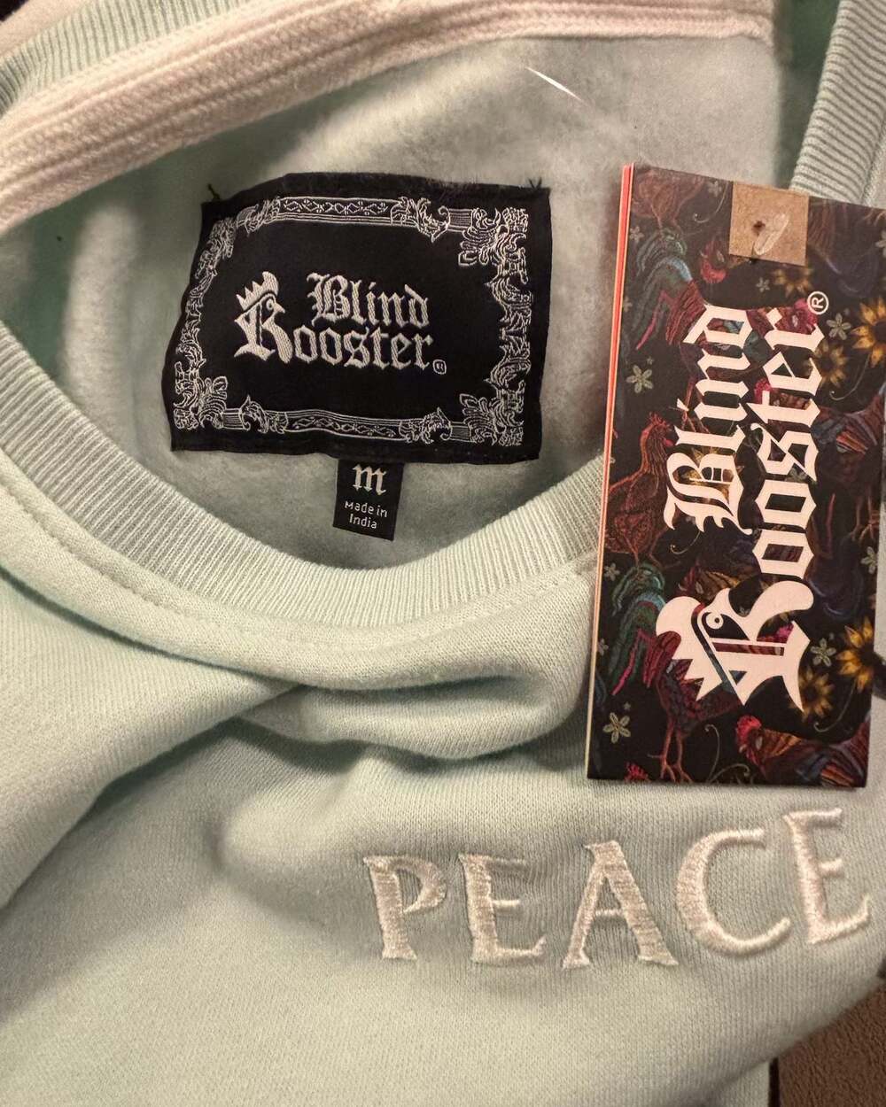 Blind Rooster Men's Sweatshirt “Peace” Black Japanese Roses Pastel Green Size L - Picture 5 of 5